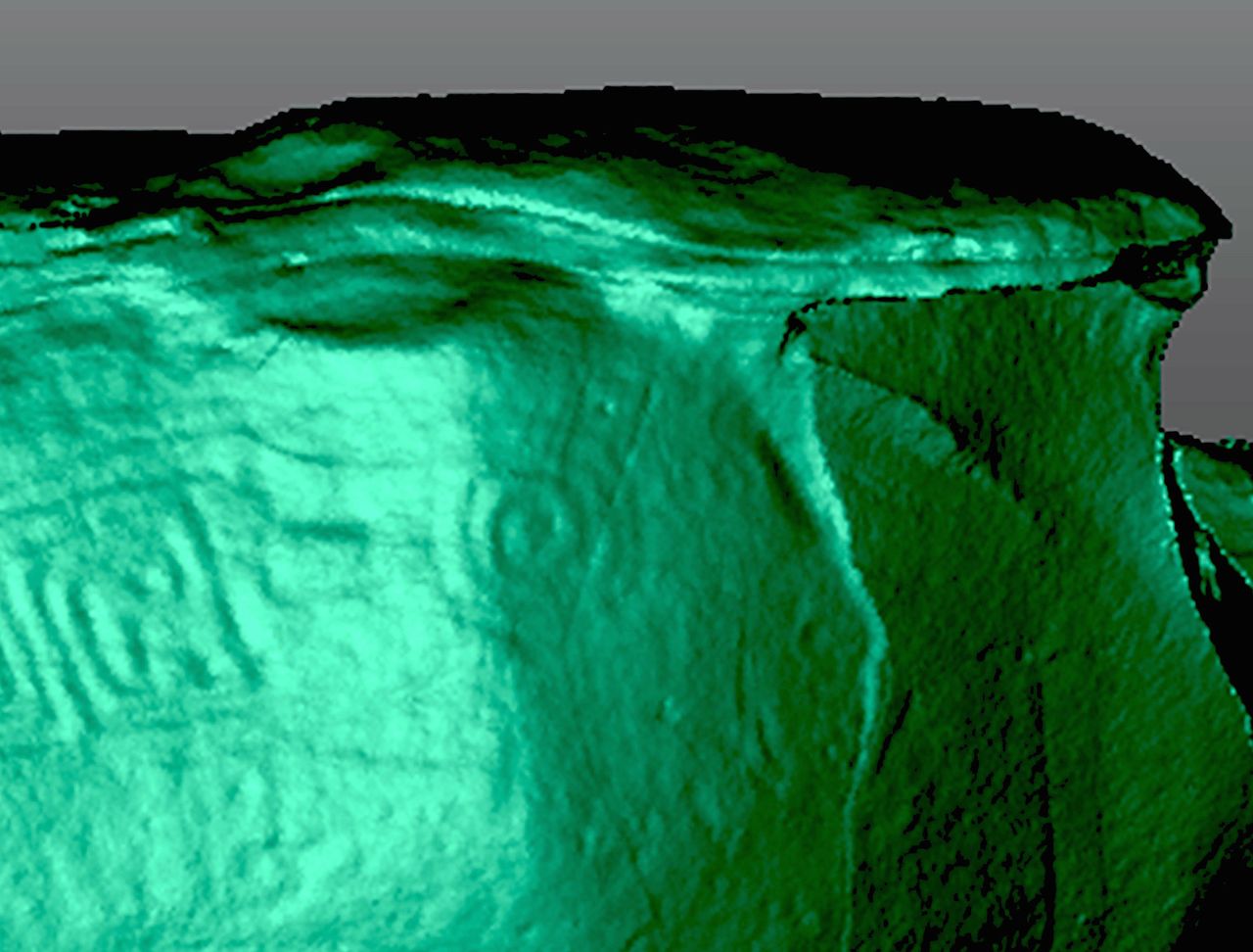 A scan of part of the monolith showing the feline feathered figure. The design of the figure indicates that it was carved between 200 B.C. and A.D. 200.