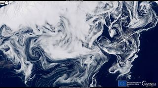 Europe's Sentinel-2 satellite captured this image of sea ice between Greenland and Iceland in March 2022.