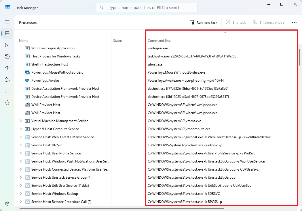 Task Manager with command lines