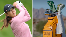 Michelle Wie hits a driver, with a close up of her bag