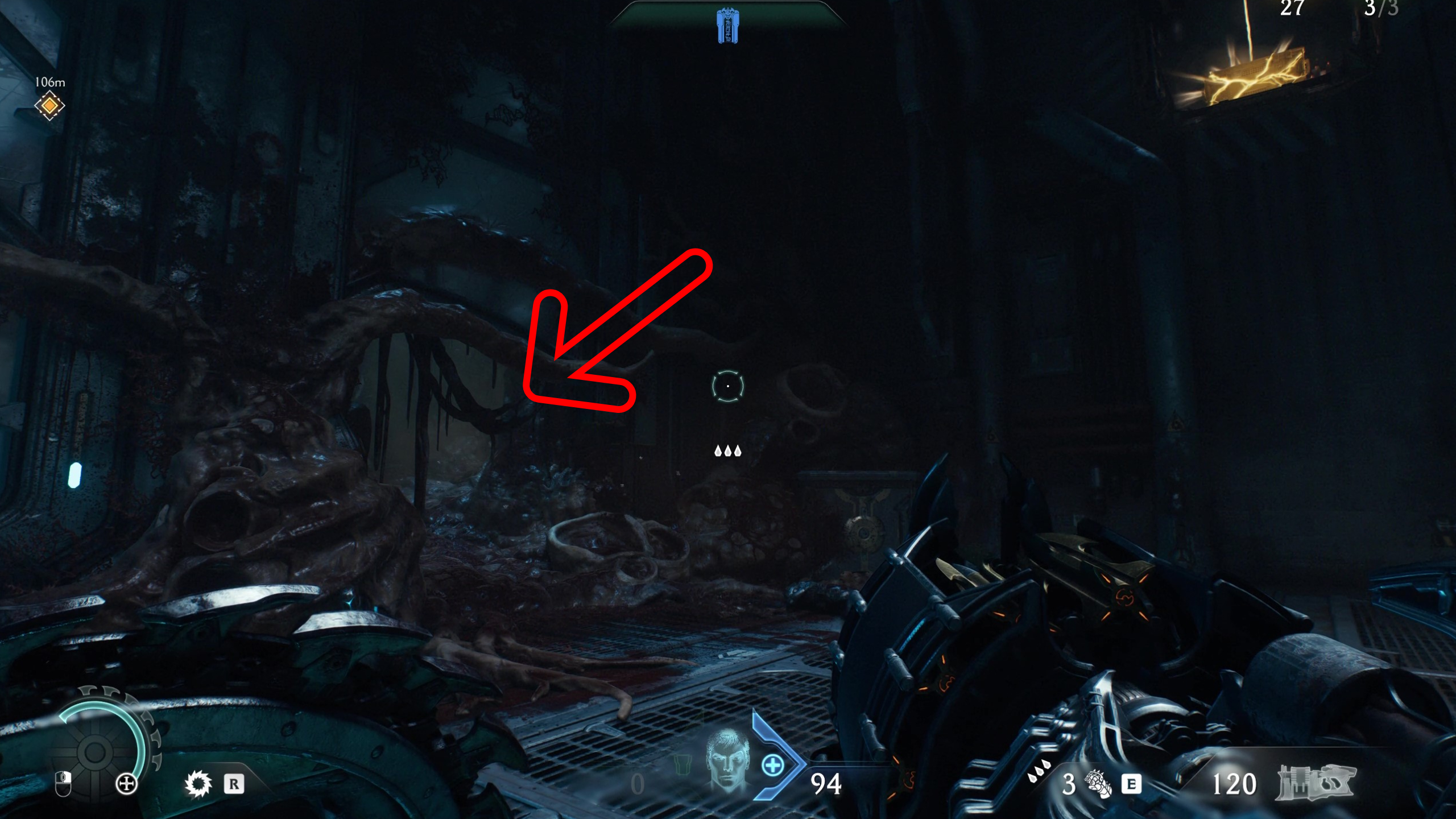 Doom: The Dark Ages Hebeth secrets - A hidden tunnel behind various tentacles and guts.