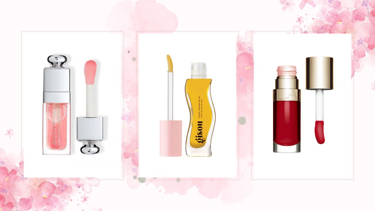 Collage of three of the best lip oils featured in this guide from Dior, Gisou, and Clarins