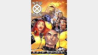 Xavier looks out at the reader, with Jean Grey, Beast, Cyclops and Wolverine in the background on the collection cover for New X-Men: E is for Extinction.