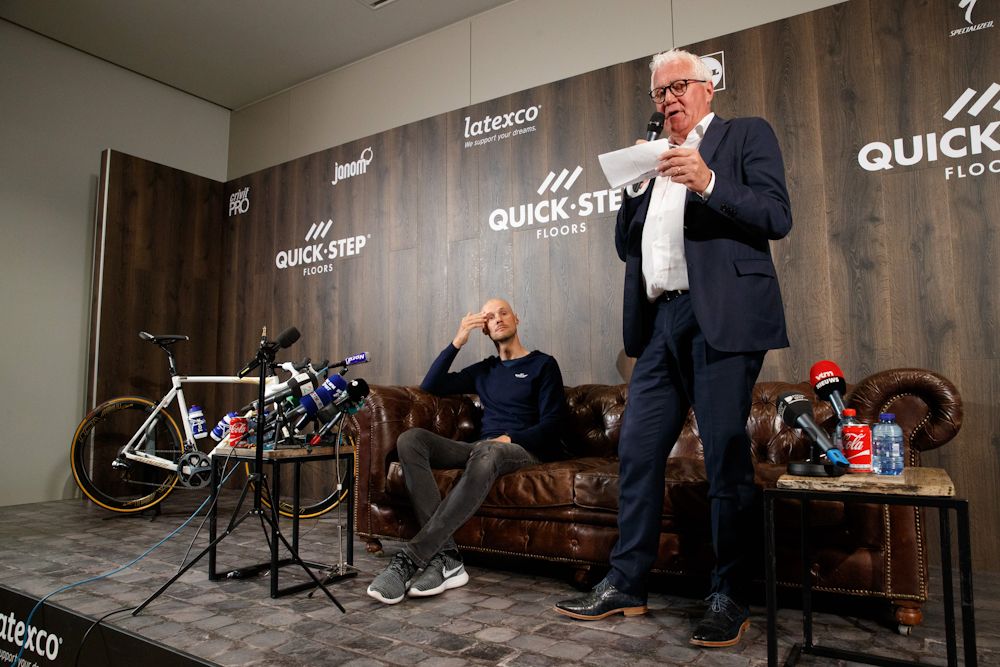 Tom Boonen and CEO of Quick-Step Floors Patrick Lefevere hold a press conference ahead of Paris-Roubaix