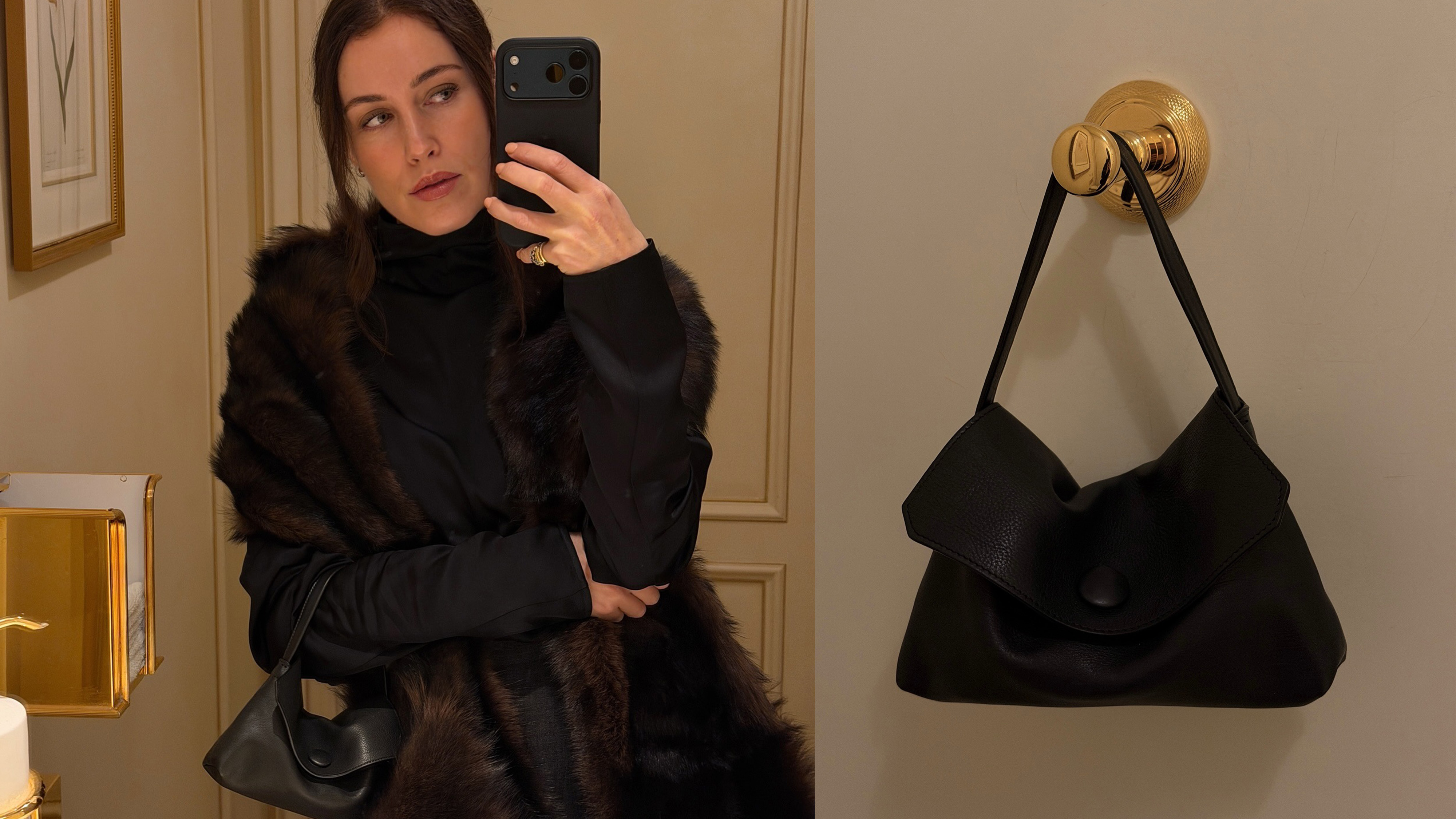 Annabel wears a fur coat with the row sally bag.