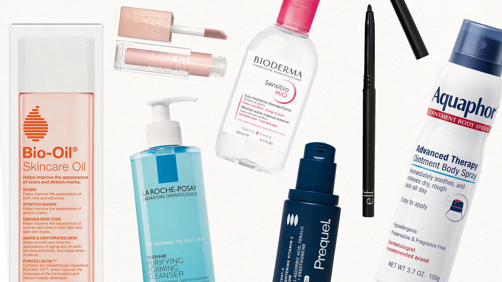 Collage of drugstore skincare products.