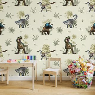 Wallpaper on wall with wooden flooring and table with chair