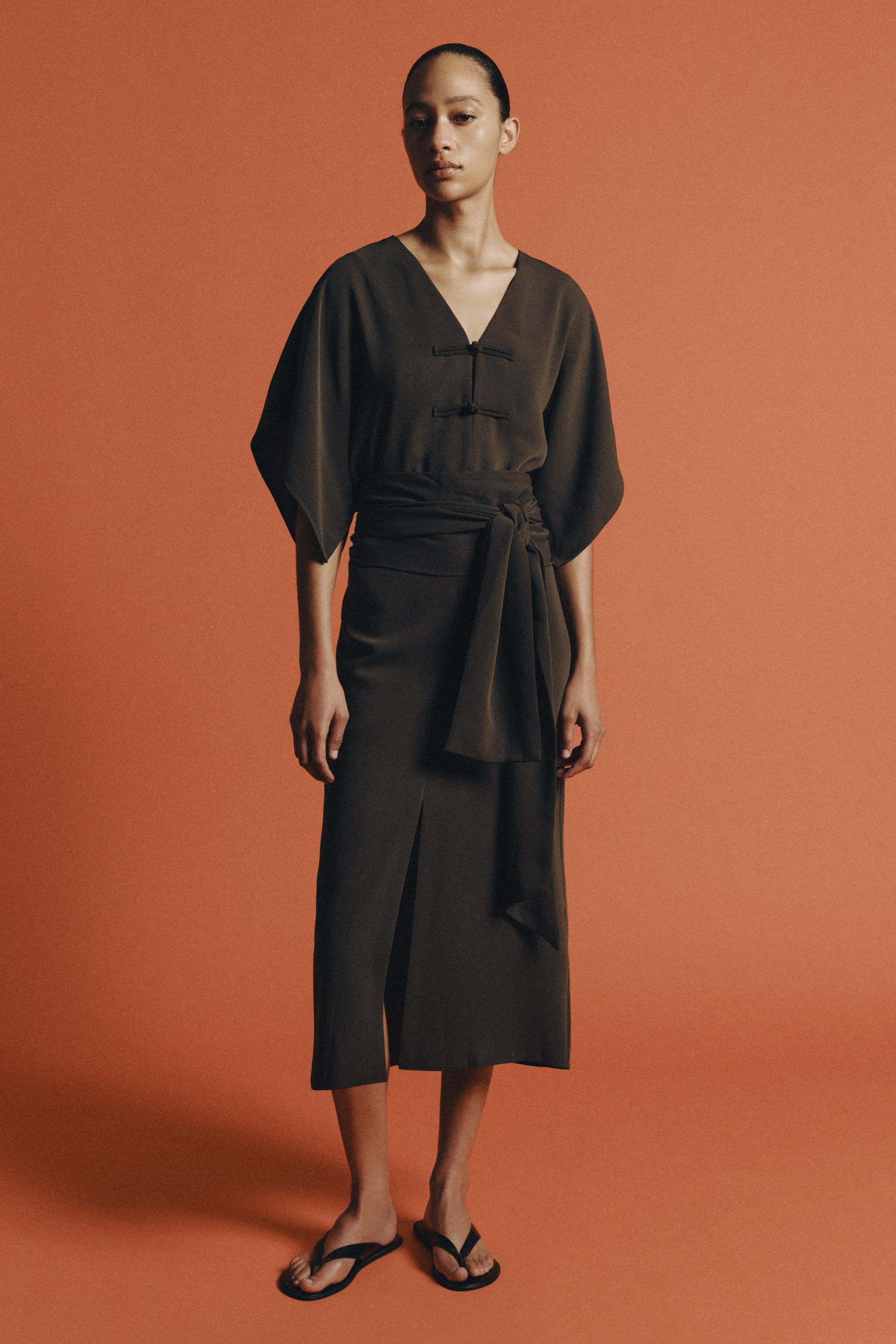 Zw Collection Midi Dress With Frog Fastening - Taupe Grey - Xs