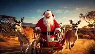 Adobe Firefly AI image created with the prompt "Santa in Australia with a sled pulled by kangaroos"