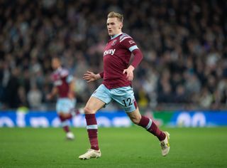 Flynn Downes of West Ham United during the Premier League match between Tottenham Hotspur and West Ham United at Tottenham Hotspur Stadium on February 19, 2023 in London, England.
