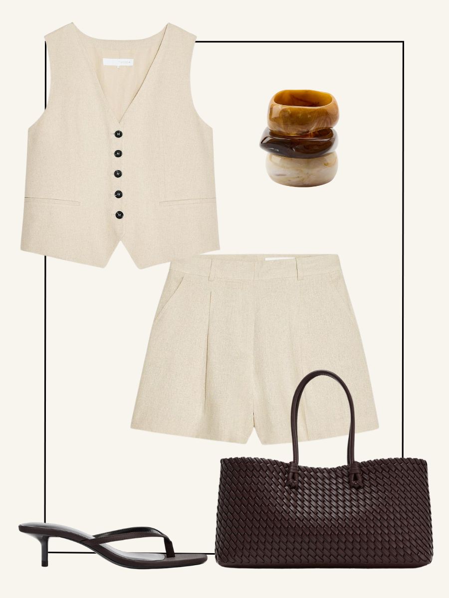 Linen waistcoat, Bermuda shorts, heeled flip-flops, leather woven bag and resin bangles from Zara