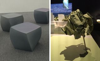 The exhibition also featured a number of Gehry-designed stools (left); as well as displaying his unconventional approach to even the smallest details of architectural design – here he uses crumpled paper instead of regular model tree foam (right).