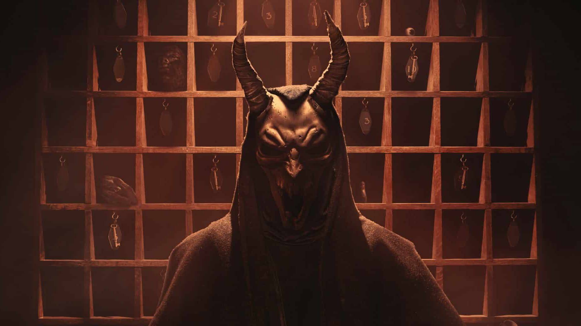 An image of a masked man at a motel reception from Shudder's Hell Motel.