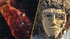 Split image of a "cosmic tornado" and a face depiction from a wooden coffin in Tombos. 