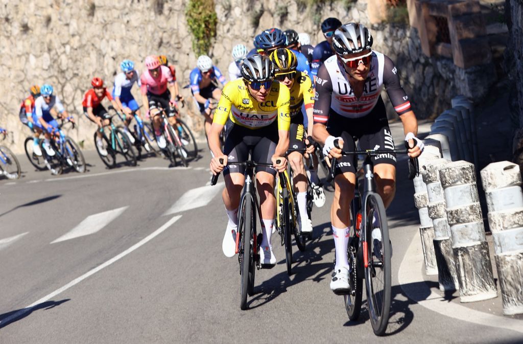 French David Gaudu of GroupamaFDJ Danish Jonas Vingegaard of JumboVisma Slovenian Tadej Pogacar of UAE Team Emirates and Austrian Felix Grossschartner of UAE Team Emirates pictured in action during stage 8 the final stage of the 81st edition of the ParisNice eight days cycling race 1184km from and to Nice France Sunday 12 March 2023 BELGA PHOTO DAVID PINTENS Photo by DAVID PINTENS BELGA MAG Belga via AFP Photo by DAVID PINTENSBELGA MAGAFP via Getty Images