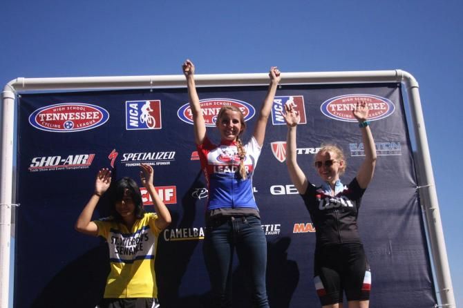 A historic first for mountain biking in Tennesse: the junior varsity girls&rsquo; podium at the inaugural race in Tullahoma, September 22. Left to right: Namkha Norbu (St. Andrews-Sewanee), Rachael Freeman (Tenn. League), Natascha Heckers (University School).