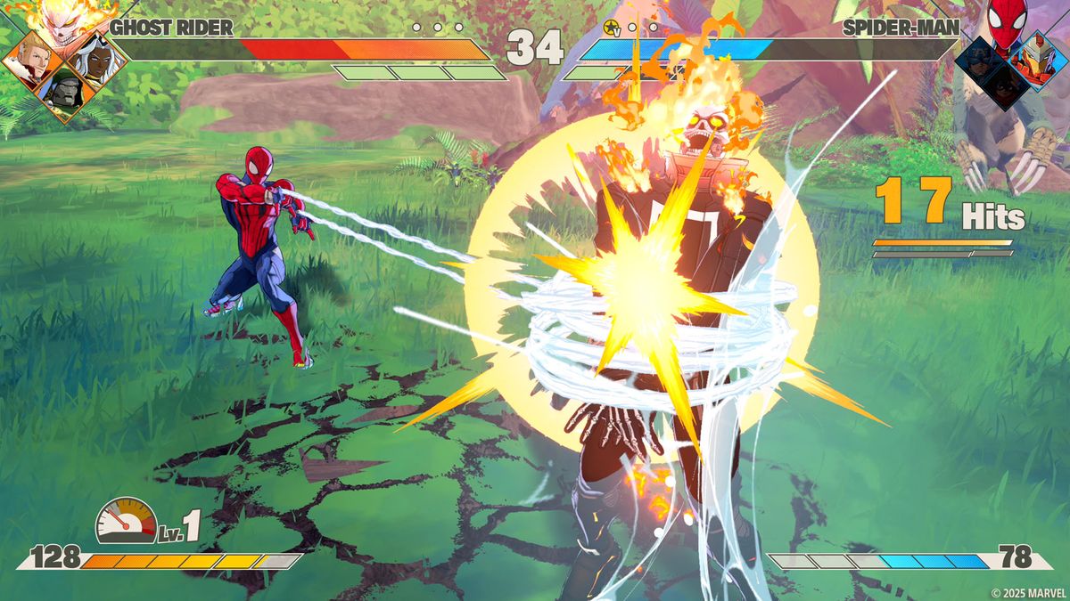 Ghost Rider and Spider-Man fight in Marvel Tokon: Fighting Souls, Spidey binding him with a web