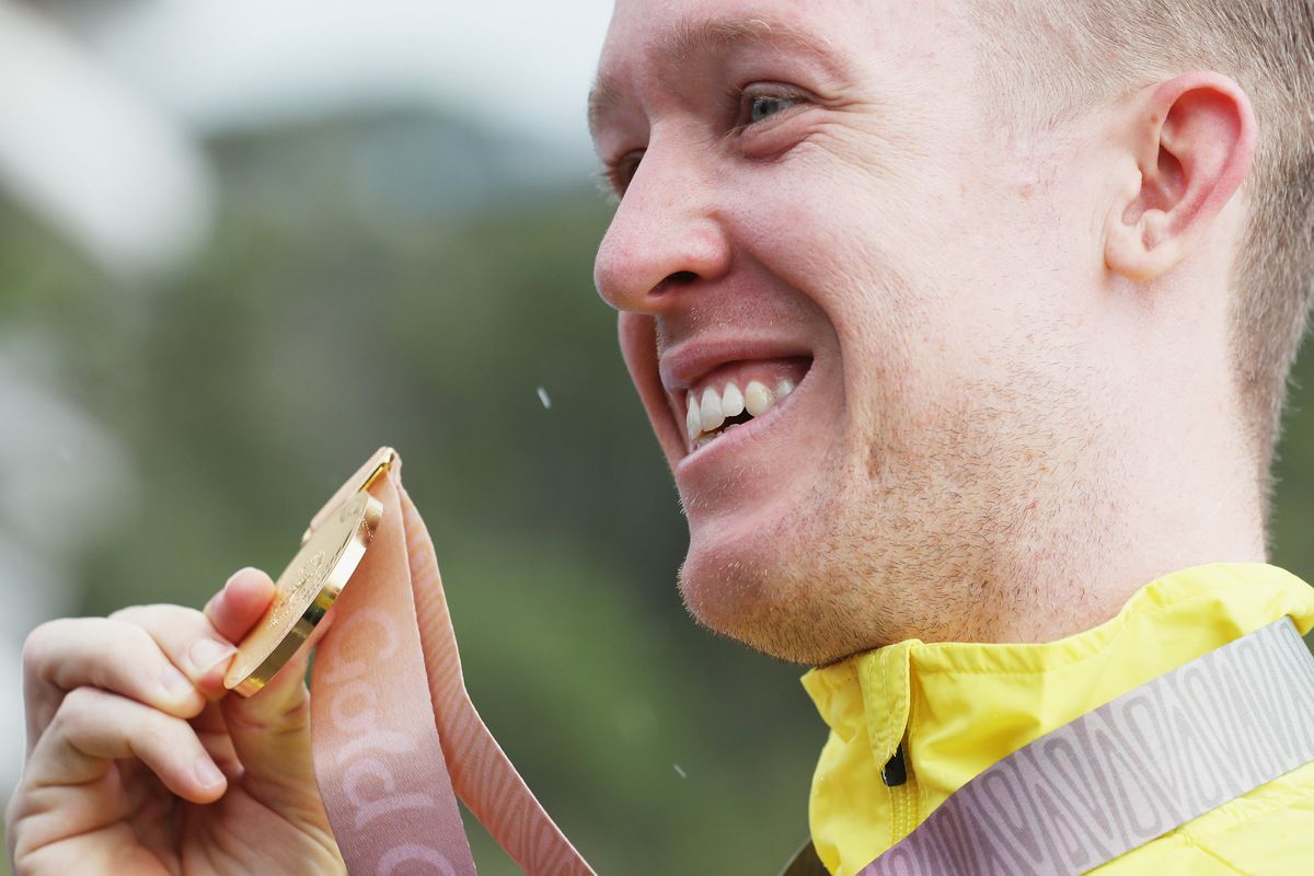 A smiling Cameron Meyer (Australia) with gold