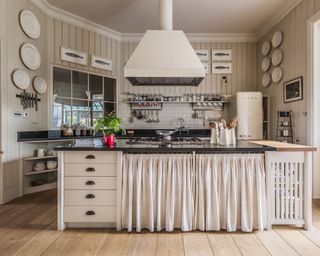 French country kitchen with wall panels, island and wall hung plates