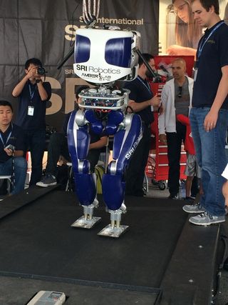 Humanoid robots face off in an endurance test on treadmills at the DARPA Robotics Challenge, June 5-6, 2015.
