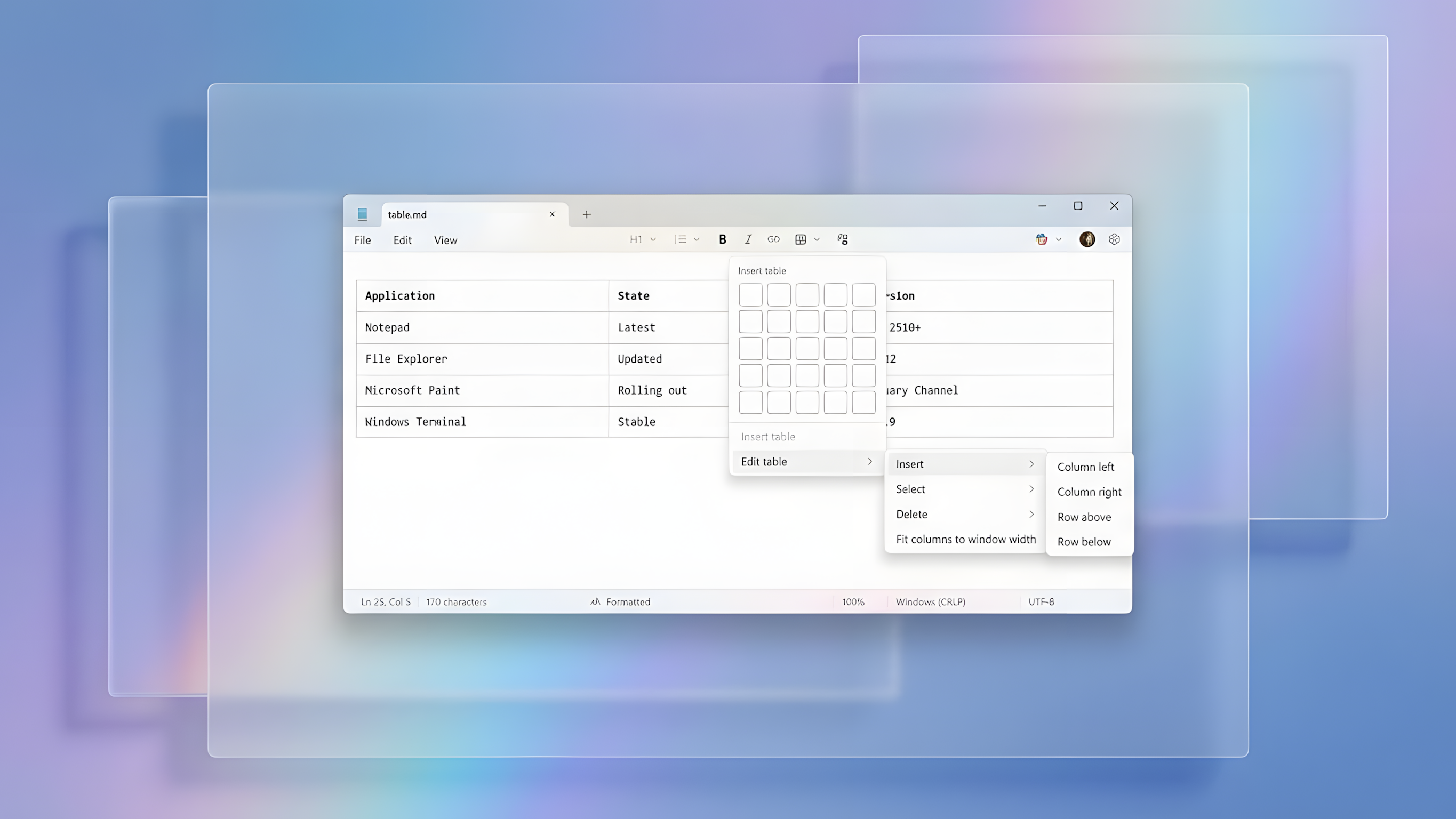 Generating a Markdown table in Notepad on Windows 11