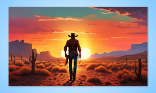 This AI generated image used the prompt "cowboy walking into the sunset"