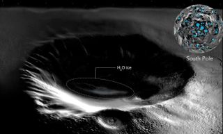 a grey crater on the moon seen from high above, with a dotted outline of an oval traced in its interior. A circle in the top right has blue dots.