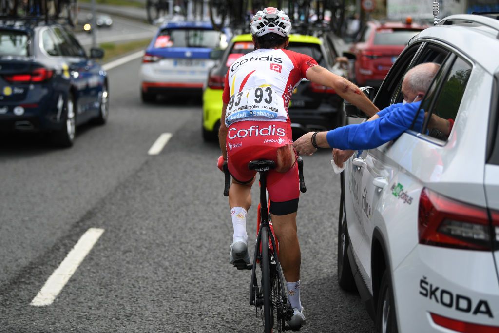 ONDARROA SPAIN APRIL 09 Simon Geschke of Germany and Team Cofidis during the 60th ItzuliaVuelta Ciclista Pais Vasco 2021 Stage 5 a 1602km stage from Hondarribia to Ondarroa Injury Crash Medical Detail view itzulia ehitzulia on April 09 2021 in Ondarroa Spain Photo by David RamosGetty Images