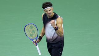 Ben Shelton of the United States celebrates a point against Frances Tiafoe of the United States during their Men's Semifinal match on Day Thirteen of the 2026 US Open