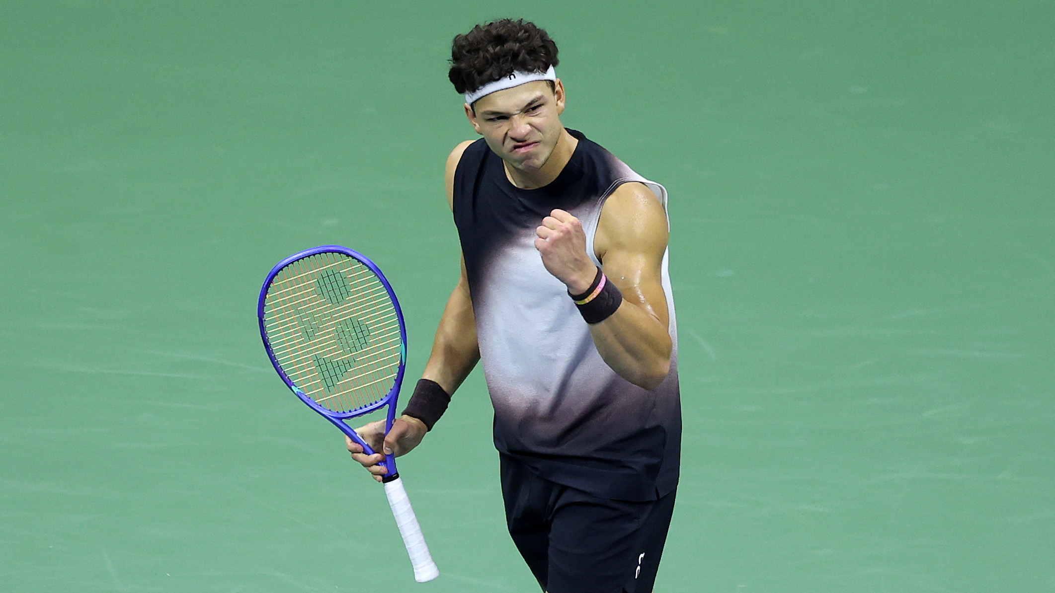 Ben Shelton of the United States celebrates a point against Frances Tiafoe of the United States during their Men's Semifinal match on Day Thirteen of the 2026 US Open