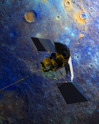 An illustration of the MESSENGER spacecraft flying over Mercury's surface. The enhanced color imagery of Mercury was obtained during the mission's second Mercury flyby in 2008.