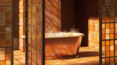 Render of Kohler copper shroud cast iron bath in Flamingo Estate bathhouse, MDW 26