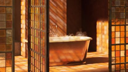 Render of Kohler copper shroud cast iron bath in Flamingo Estate bathhouse, MDW 26