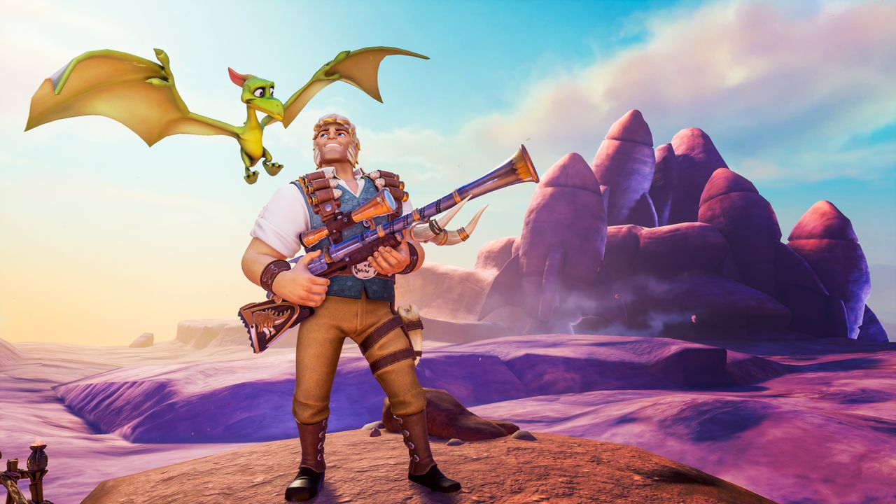 Boone has ricocheting rockets, a scoped rifle, and his dino pal has a wind vortex ability.