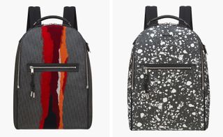 Two images, Left, a grey backpack with red shades going down the middle of it. Right, a grey backpack with white paint type spots all over it.