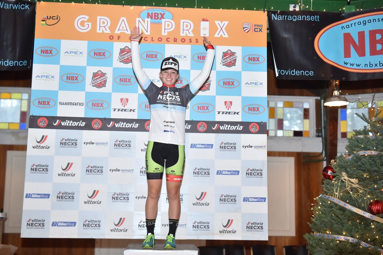 Emma White (Cannondale p/b Cyclocrossworld) on the podium as Day 2 NBX winner