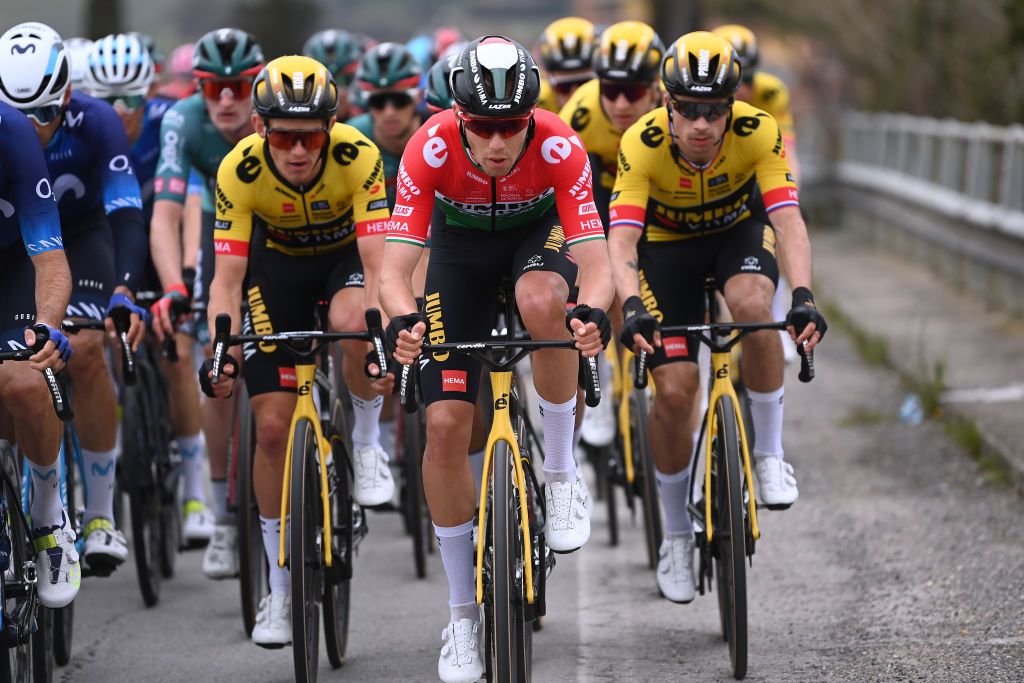 FOLIGNO ITALY MARCH 08 Attila Valter of Hungary and Team Jumbo Visma competes during the 58th TirrenoAdriatico 2023 Stage 3 a 216km stage from Follonica to Foligno 231m UCIWT TirrenoAdriatico on March 08 2023 in Foligno Italy Photo by Tim de WaeleGetty Images