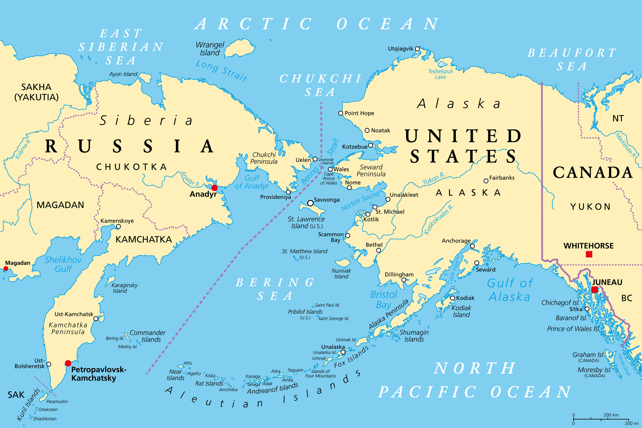 map showing USA and Russia with the oceans highlighted