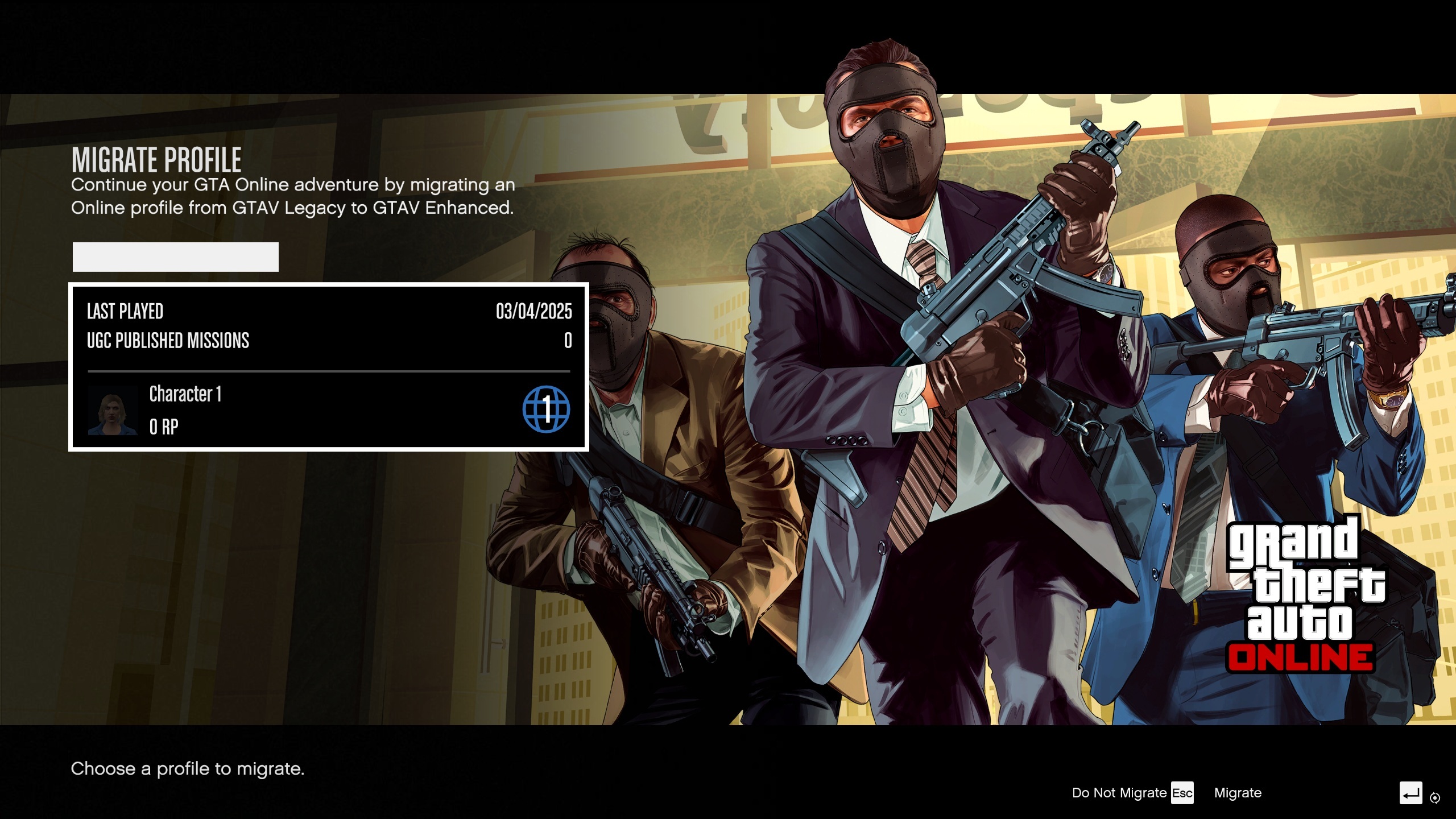 Grand Theft Auto Enhanced migrate GTA Online profile screen.