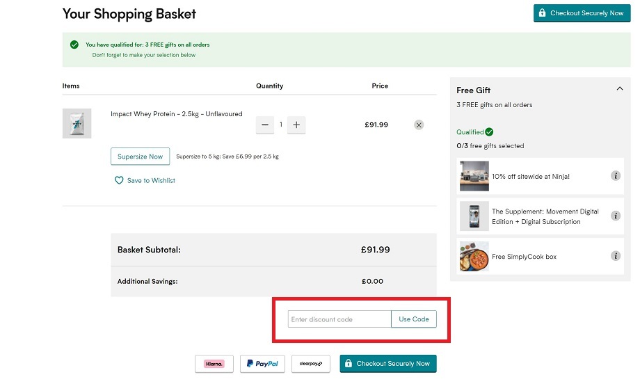 MyProtein screenshot with red around box to put discount code on website