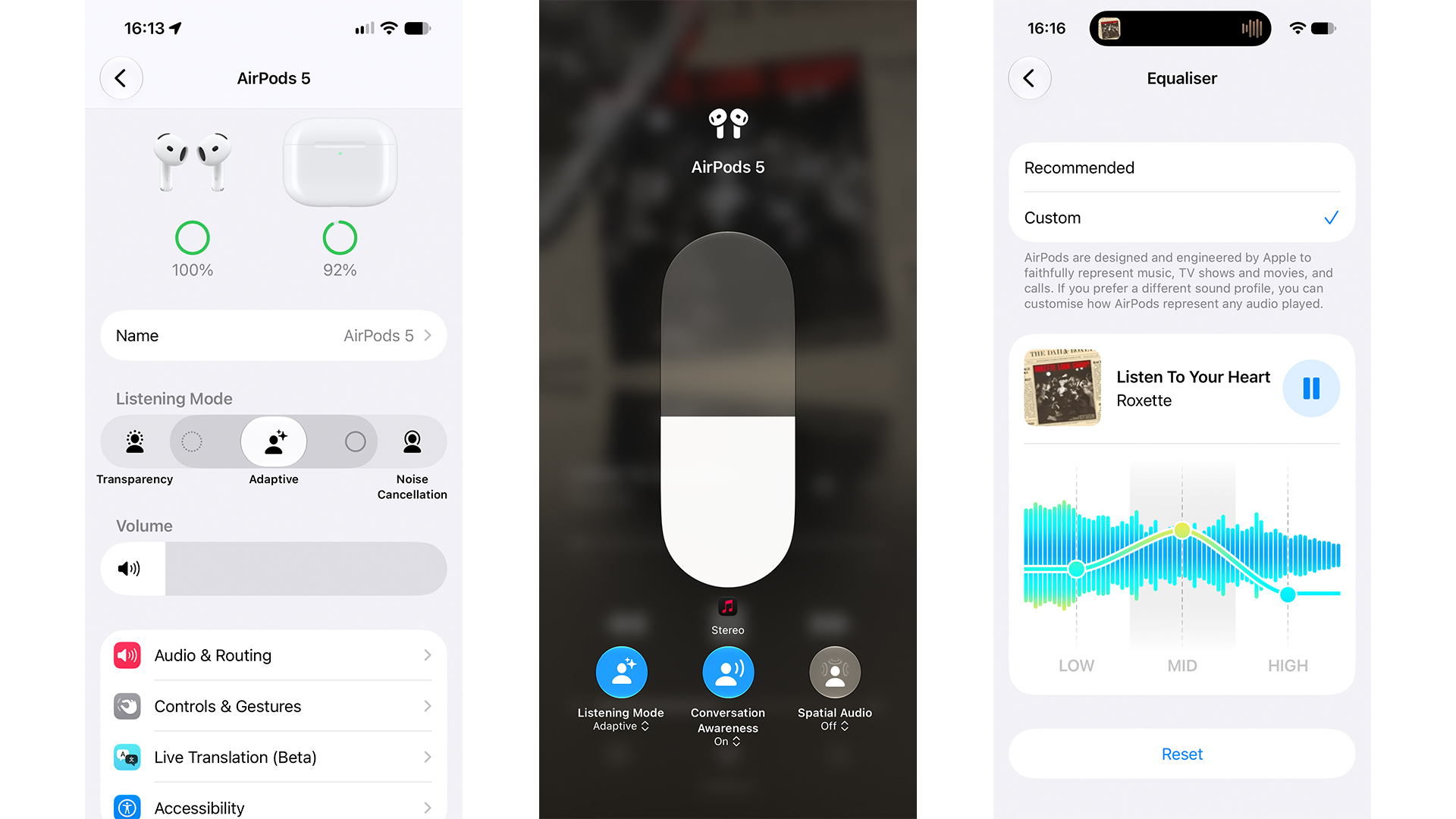 Apple AirPods 5 with Wireless Charging Case in-ear headphones app on three smartphone screens