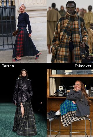 Winter print trends of 2024 are shown in a collage of runway and street-style images of women wearing the tartan trend. Specifically, on the top left,