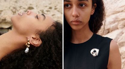 Women reclining, left, wearing gold and pearl earrings and right wearing a silver brooch