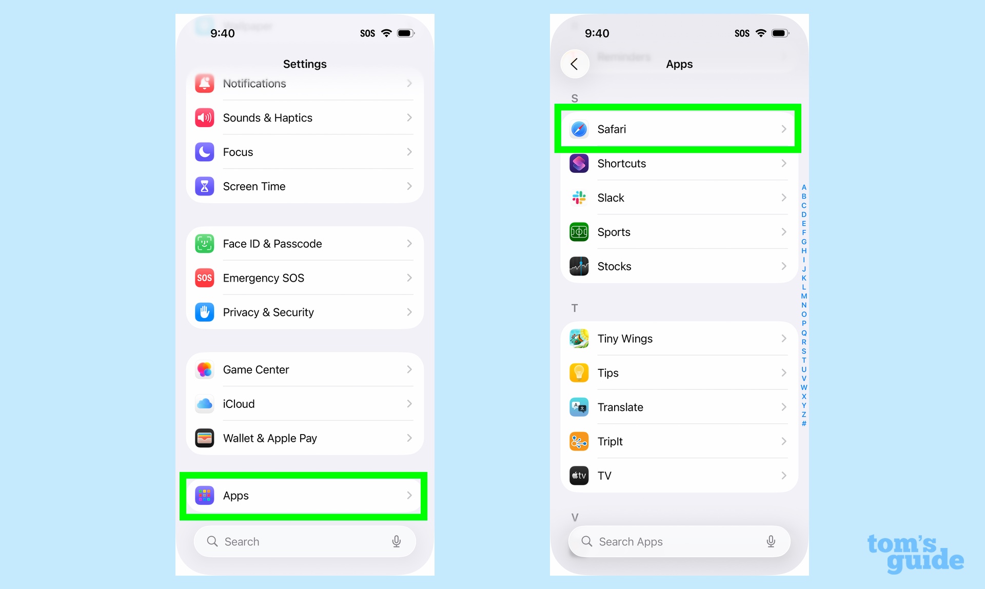 going to safari settings in the Settings app