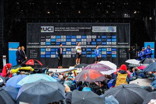 Picture by Ed SykesSWpixcom 28092024 2024 UCI Road and Paracycling Road World Championships Zurich Switzerland Women Elite Road Race Podium Lotte Kopecky Belgium on the podium receiving the Gold Medal and becoming World Champion with Chloe Dygert USA receiving the Silver Medal and Elisa Longo Borghini Italy receiving the Bronze Medal