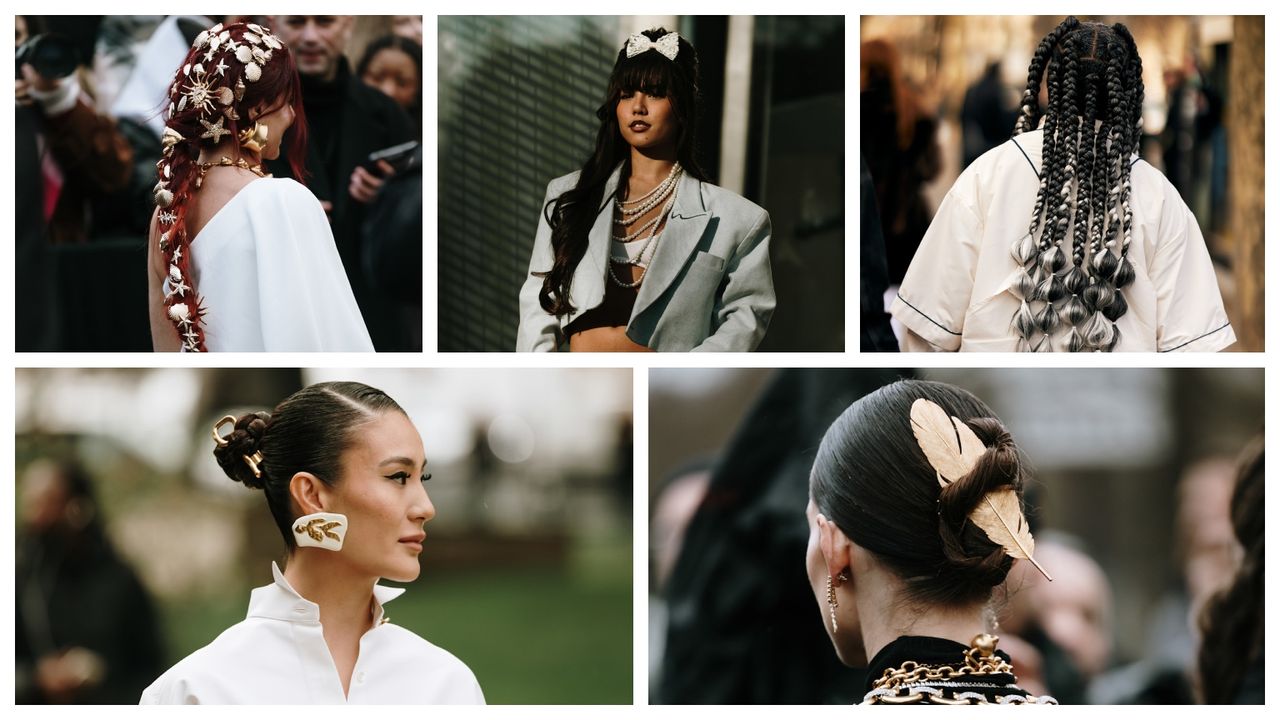 five women at paris fashion week with hair accessories in various styles