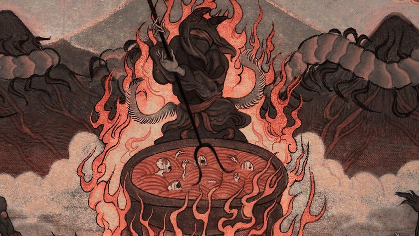 Little gremlin creature stirring pot with people in it wreathed in flames with centipede crawling through mountains in background
