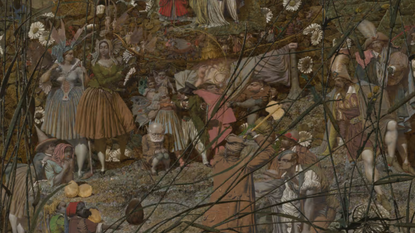 Section from Richard Dadd's painting, The Fairy Feller’s Master-Stroke, that depicts a nature fairytale scene with muted colors and fairy creatures