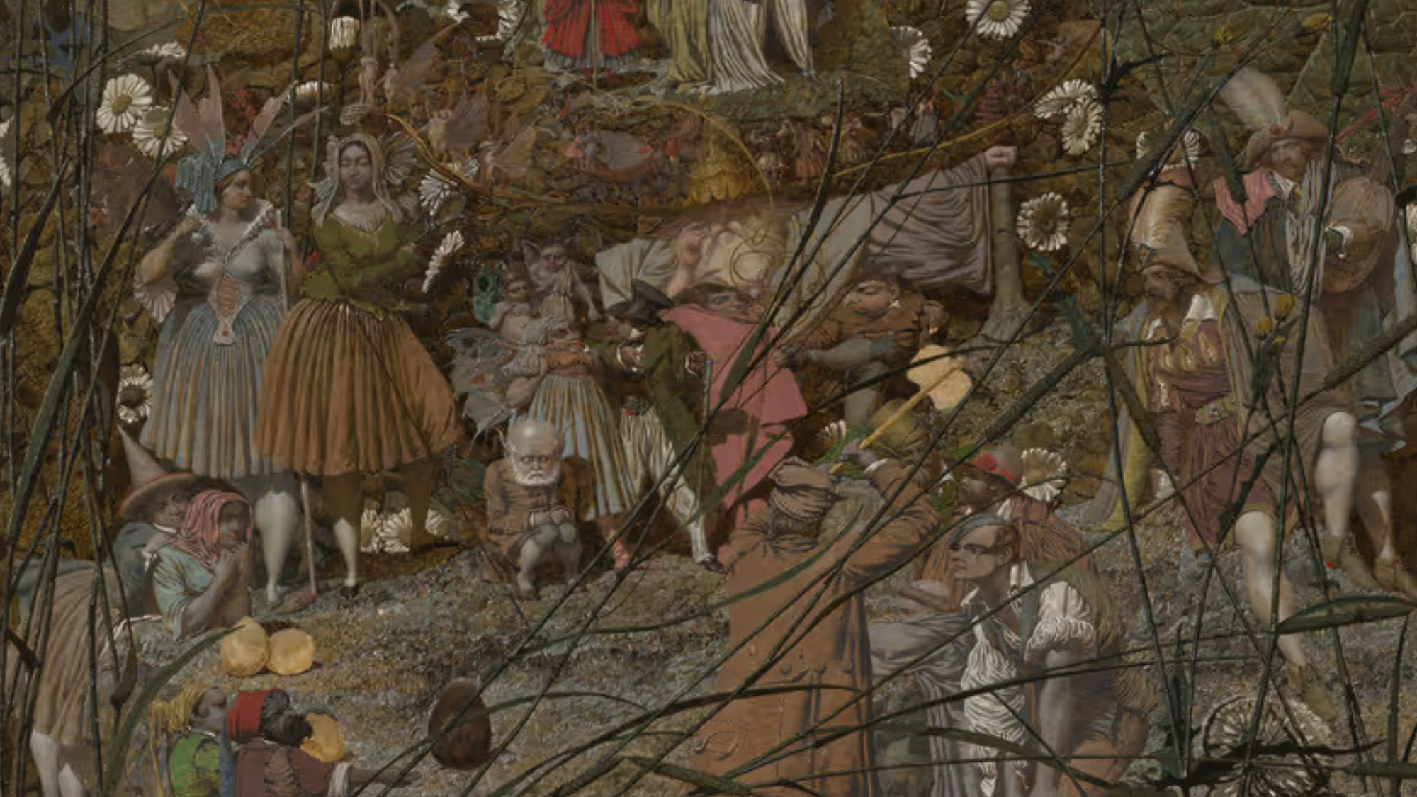Section from Richard Dadd's painting, The Fairy Feller&rsquo;s Master-Stroke,  that depicts a nature fairytale scene with muted colors and fairy creatures