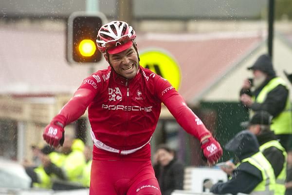 A pumped Rhys Pollock (Drapac Porsche) takes out the stage to Rosebery on a day described by tour officials as the worst in the history of the event.